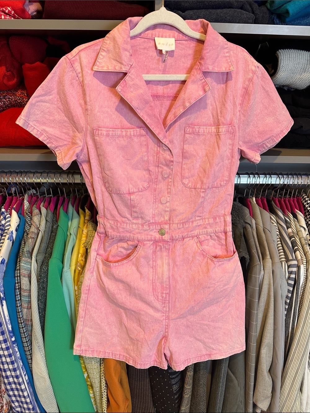 Entry pink short sleeve 5 pocket elastic waistband romper size S